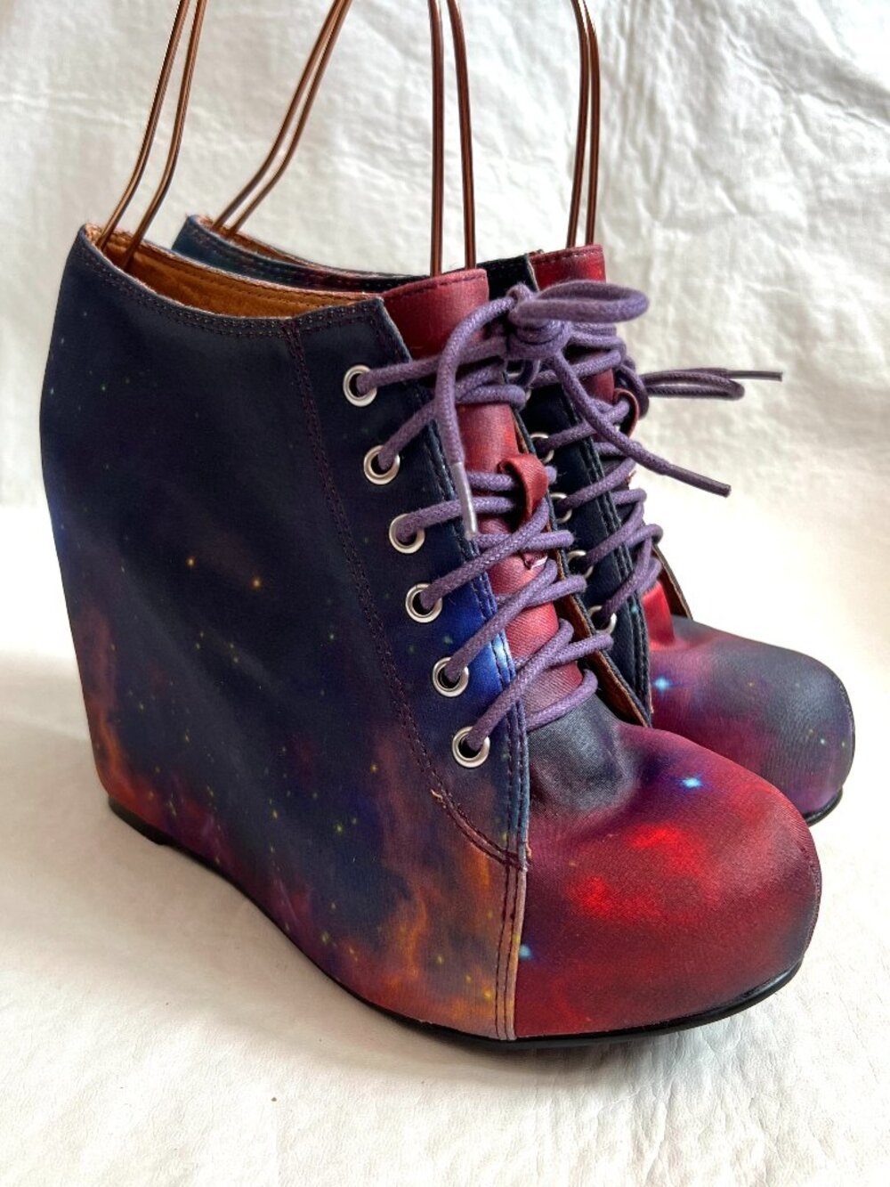 Jeffrey Campbell platform shoes Black Milk 99 Tie womens 7 galaxy fabric wedges